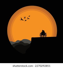 Enamored couple with Moon on the night sky background, illustration.