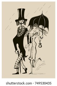 An enamored couple in the rain in a vintage style. Hand drawn vector illustration