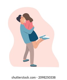 Enamored couple spending time together at romantic date.Vector illustration of kissing couple.