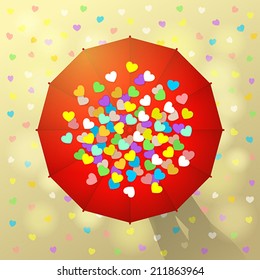 Enamored couple under maroon umbrella, and multicolored hearts around