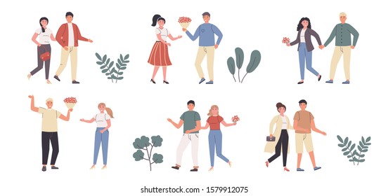 Enamored couples, wedded pairs flat vector illustrations set. Date, romantic atmosphere, walking together. People in love, marrieds cartoon characters bundle isolated on white background.