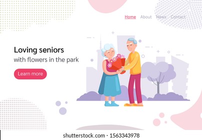 Enamored elderly man gives a large bouquet of flowers to his wife. Grey-haired couple together on background city park cartoon vector isolated. The love between grandmother and grandfather
