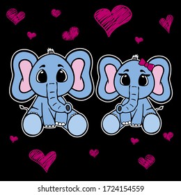 Enamored elephants. Vector template for design T-shirts. Fashion graphic for apparel. Character image elephant for children's magazines and preschool institutions. 