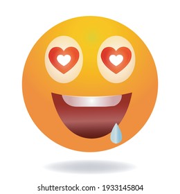 Enamored emoji. Yellow funny face. Round character with big eyes. In love cartoon human emotion.