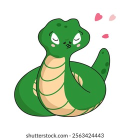 Enamored funny snake. Symbol of the New Year 2025. Cute cartoon green snake blows a kiss. Kawaii. Isolated illustration.