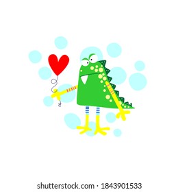 enamored green scary lizard on a white background with a heart-shaped balloon. vector illustration