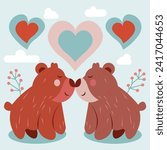 Enamored and happy pair of wild bears, hand-drawn in a cartoon style, surrounded by hearts, suitable for Valentine