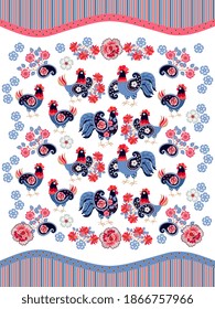 Enamored hens with bouquets of flowers and roosters with wings in the form of paisley, flower garlands and chickens on white background. Striped borders. Print for bed linen, towels, curtains.