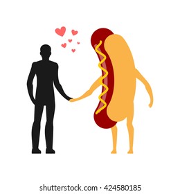Enamored in hot dog man. Guy and fast food. Lovers holding hands. Romantic meal illustration