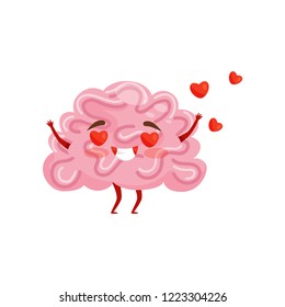 Enamored humanized brain with happy face, red hearts flying in the air. Cartoon character. Flat vector for print or postcard