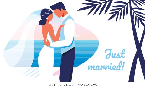 Enamored Just Married Happy Couple of Beautiful Bride in White Dress and Handsome Groom in Suit Standing with Holding Hands Seascape Background. Wedding Day Cartoon Flat Vector Illustration, Banner