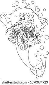 Enamored little mermaid with bouguet of water lily. Cartoon characters, fantasy, isolated, coloring outline.