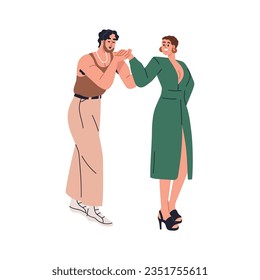 Enamored man kissing girls hand. Follower, admirer, boyfriend courting happy woman valentine. Love couple in romantic relationships. Flat graphic vector illustration isolated on white background