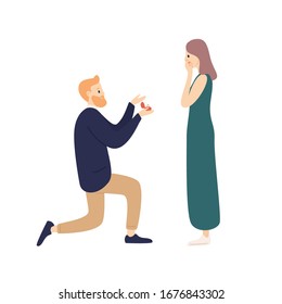 Enamored man making offer holding ring to surprised woman vector flat illustration. Elegant cartoon male standing on knee asking female marry him isolated on white background. Couple engagement