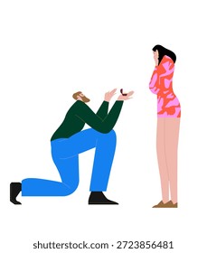Homem encantado fazendo oferta de anel de sustentação para mulher surpresa vetor ilustração plana. Elegante homem de desenho animado de pé no joelho pedindo casamento feminino ele isolado no fundo branco. Engajamento do casal.