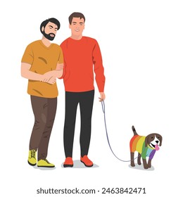 Enamored man pet owners enjoying promenade. A happy gay couple of men in casual clothes walking dog. Happy lifestyle concept. Vector illustration