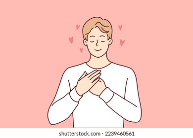 Enamored man puts hands on chest demonstrating romantic mood and closes eyes remembering girlfriend. Good-natured guy makes gesture of mercy calling to be volunteer. Flat vector illustration 