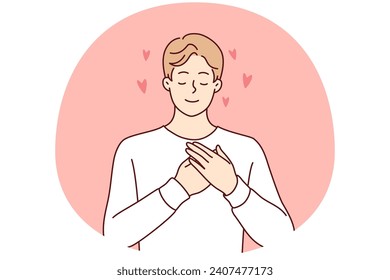 Enamored man puts hands on chest demonstrating romantic mood and closes eyes remembering girlfriend. Good-natured guy makes gesture of mercy calling to be volunteer. Flat vector illustration