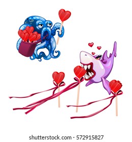 Enamored octopus gives a pink shark lollipops in the shape of a heart on the feast of all lovers of Valentine's day isolated on white background. Cartoon vector illustration close-up.