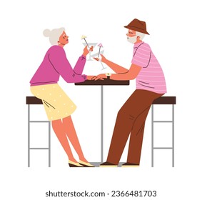 Una pareja de ancianos encantada en la mesa del restaurante tomando un cóctel. Afortunadamente, pasen tiempo juntos en luna de miel. Dibujo vectorial de día de los abuelos románticos para un diseño encantador aislado en blanco