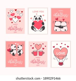 Enamored pandas. Cute cartoon animals. Happy Valentine's Day. A set of templates for cards, postcards, stickers, banners, invitations, valentines. Vector flat illustration.