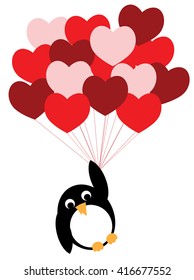 Enamored penguin flies on a red heart balloons, Cartoon vector illustration