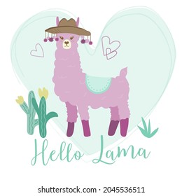 Enamored purple llama on a mint background. Cactus and the inscription "hello lama" Llama in a hat with pompoms. Background with hearts. The vector is made in a flat style.