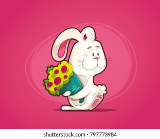 Enamored rabbit with bouquet of flowers