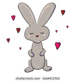 Enamored Rabbit or Hare surrounded by hearts. Elements for design for Birthday, Valentine's Day, Baby shower in cartoon style