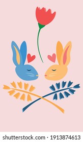 Enamored rabbits and flowers. Vector cartoon illustration. Easter card. The beginning of spring. Delicate pinks, blues and oranges. Vertical format
