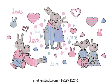 Enamored rabbits for Valentine's Day on a white background.