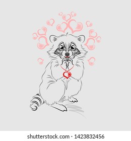 The enamored raccoon holds a pendant in the form of a heart.