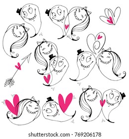  Enamored. Romantic set with cute characters. Isolated vector illustration on white background. Can be used in greeting cards, invitations to a wedding, Valentine's Day.