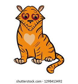 Enamored Tiger in Glasses with hearts. Tiger temple, Predatory Cat Illustration in Cartoon Vector Style
