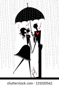 Enamored under an umbrella. Couple of lovers are hiding from the rain under an umbrella. First date.