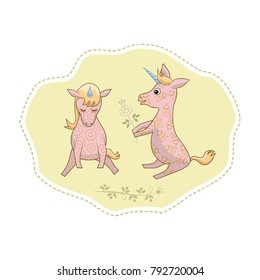 Enamored unicorns are the day of the holy Valentine. A sweet unicorn-boy gives a flower to a unicorn-girl.