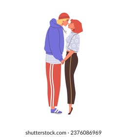 Enamored young couple holding hands, the girl stood on tiptoes to kiss. Romantic lovers pair spend time together. Vector cartoon isolated illustration happy valentines day. Teenagers love relationship