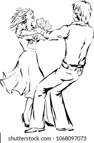 The enamored young man and the girl are whirling in dance. Drawing by hand. Vector image.