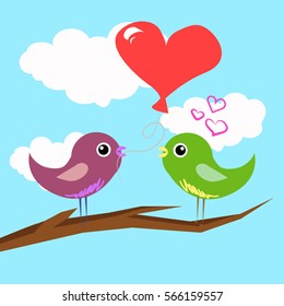 Enamoured birds on a branch, blue background, ball in the shape of a heart. Card for Valentine's Day