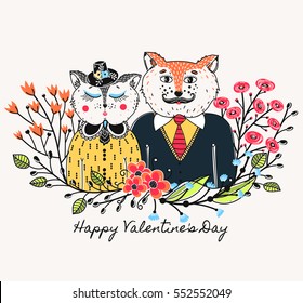 Enamoured cats. Greeting background on Valentine's Day. Feast of love. Holiday. Floral border. Sketch of animals. Colorful card. Vector illustration, eps10.
