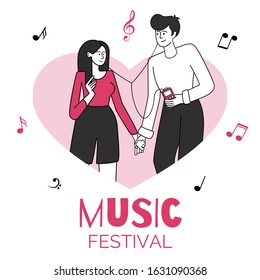 Enamoured couple in heart shape border vector illustration. Music festival, concert, event. Young people holding hands and listening to music flat contour characters isolated on white background