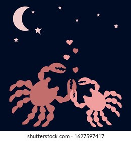 Enamoured crabs . Hearts, Moon and stars in the night sky. Silhouettes of sea animals. Valentine's day card, place for text. Vector illustration