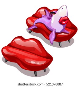 Enamoured shark lies on the leather sofa in the shape of women's lips. Vector illustration.
