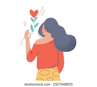 Enamoured Woman Holding Red Heart Flower on Stem Feeling Passion Vector Illustration