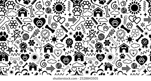 Enargetic doodles seamless pattern pet dog cat theme silhoutte vector texture fabric textile paper print packaging wrapping background wallpaper