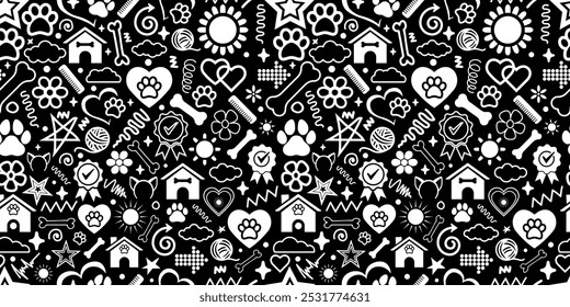 Enargetic doodles seamless pattern pet dog cat black theme silhoutte vector texture fabric textile paper print packaging wrapping background wallpaper
