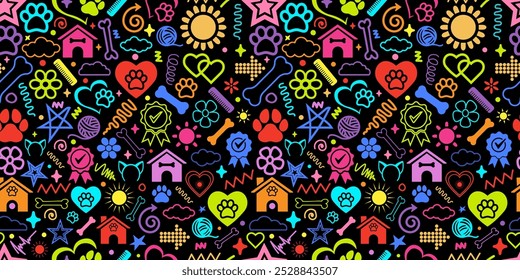 Enargetic neon colorful doodles seamless pattern pet dog cat theme vintage vector texture fabric textile paper print packaging wrapping background wallpaper