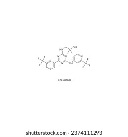 Estructura molecular esquelética plana de Enasidenib Medicamento inhibidor de la tirosina quinasa (TKI) utilizado en el tratamiento genético de la leucemia mieloide aguda IDH2. Ilustración vectorial.