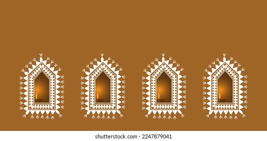 enbelope design , isolated vector design of rajasthani jharoka  , mud wall in rajasthan , beautiful indian wall jharoka , warli art on brown background