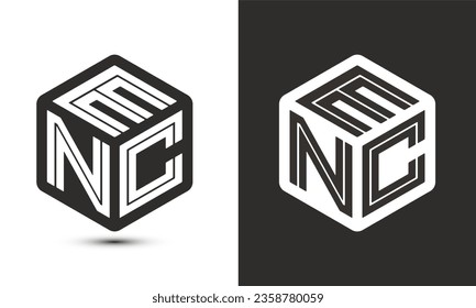 Diseño del logotipo de letras ENC con el logotipo del cubo ilustrador, logotipo vectorial estilo moderno de superposición de tipos de letra del alfabeto. Icono del logotipo de Premium Business. Color blanco sobre fondo negro